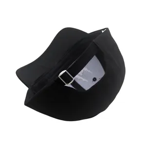 Rear view of black skull embroidery baseball cap with adjustable metal buckle strap