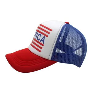 Cappellino trucker stile americano rosso bianco e blu con retro in rete e stampa RICA
