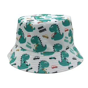 Cappello a Secchiello con Stampa Cartoon Dinosauro Poliestere Protezione Solare Traspirante Tesa Larga per Bambini Ragazzi Ragazze