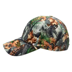 Side view detail of camouflage baseball cap with realistic oak leaves and pine needles