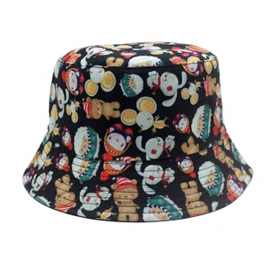 Unisex Anglerhut in Schwarz mit bunten Cartoon-Tierprints für Freizeitaktivitäten