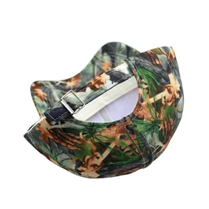 Detail of forest camouflage tactical cap featuring metal buckle and stitching on back
