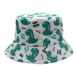 Cappello a secchiello bianco per bambini con dinosauri verdi e auto Vroom Vroom
