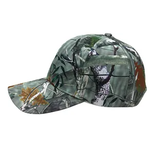 Detailed view of the woodland bionic camouflage pattern on a tactical baseball cap