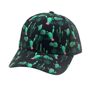 Black baseball cap with green cactus print and pink flowers, stylish sun hat for outdoors