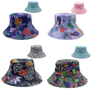 Women Reversible Bucket Hat Wide Brim Sun Protection Tropical Leaf Plaid Print Summer Outdoor Foldable Fisherman Cap