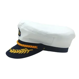 Classic white navy captain hat with golden anchor embroidery and braided cord detail
