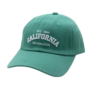 Detail of teal baseball cap with white 3D California Golden State embroidery