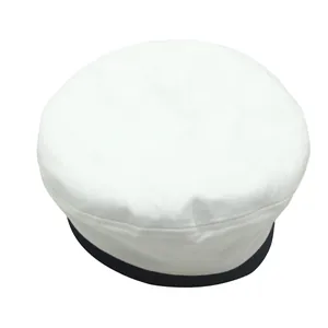 Top-down view of a classic white navy sailor hat with black decorative band and flat top