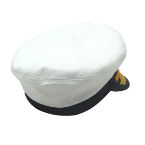 Classic white captain hat with gold embroidery and black trim for costume role play