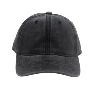 Close-up of vintage washed black baseball cap with six-panel structure and curved brim