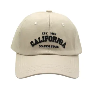 Detail of embroidered EST. 1850 California text on a beige cotton baseball cap