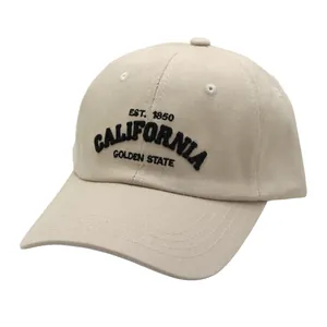 Detail of beige cotton baseball cap with black California 1850 embroidery and stitching