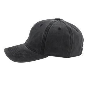 Detail view of washed vintage cotton baseball cap featuring reinforced stitching and eyelets