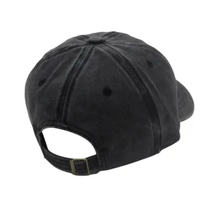 Detailed back view of washed black cotton baseball cap with vintage metal buckle