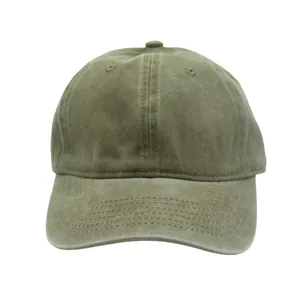 Close-up of olive green washed cotton baseball cap with vintage distressed texture detail