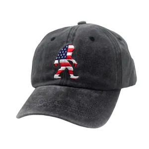 Washed dark grey baseball cap featuring American flag Sasquatch embroidery