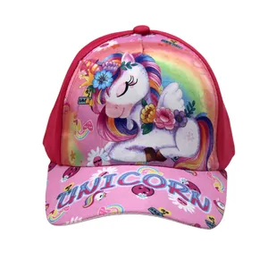 Detailed view of pink unicorn baseball cap featuring cartoon rainbow prints and unicorn text