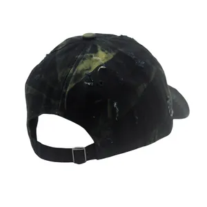 Rear view of distressed black baseball cap with camo visor and adjustable buckle strap