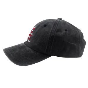 Vintage washed cotton baseball cap with American flag embroidery in dark grey finish