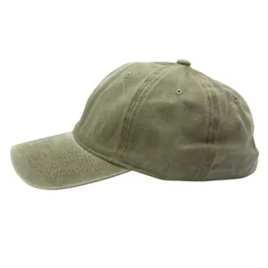 Detailed side view of olive green washed cotton baseball cap with vintage distressed texture