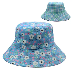 Detailed fabric texture of wide brim sun hat with floral pattern and plaid print options