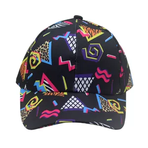 Close-up of black baseball cap with 90s vintage geometric patterns and animal prints