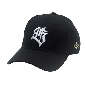 Black cotton baseball cap with white gothic letter embroidery and curved brim
