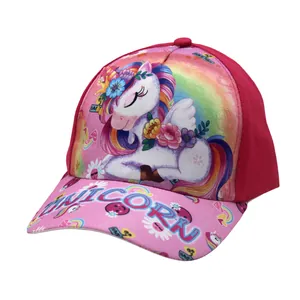 Kids pink unicorn baseball cap with cartoon rainbow print and adjustable sun visor brim