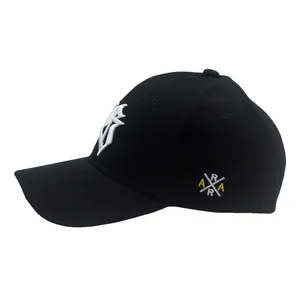 Black cotton baseball cap with white gothic letter embroidery and curved brim style