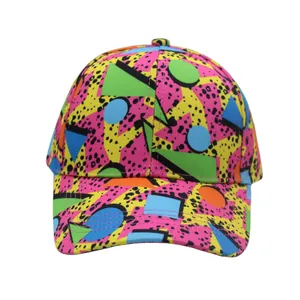 Close-up of retro geometric print on the 6-panel crown of a breathable baseball cap