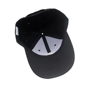 Internal structure of black polyester baseball cap with reinforced front and plastic strap