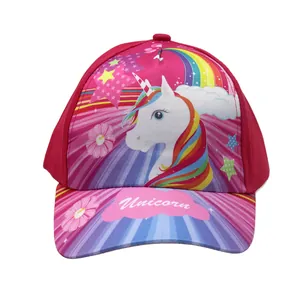 Detailed view of colorful unicorn and rainbow prints on kids baseball hat