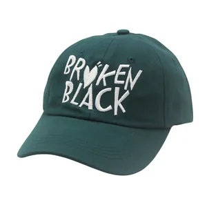 Dark green cotton baseball cap with Broken Black 3D embroidery on a white background
