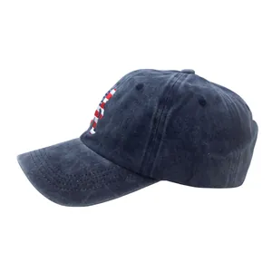 Detail of navy washed cotton baseball cap with American flag bear embroidery