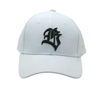 Detailed view of white baseball cap featuring 3D Gothic B embroidery and side accents