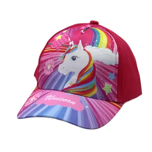 Close-up of kids unicorn baseball cap featuring rainbow mane print and stars