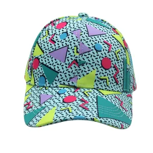 Detailed close-up of light blue baseball cap with 80s retro pop geometric patterns