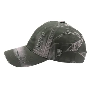 Distressed dark grey washed cotton baseball cap with marble bleach texture and ripped edges