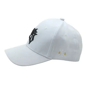 Detailed view of white cotton baseball cap featuring 3D letter embroidery and side stitching