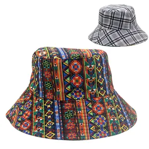 Detail of vibrant geometric prints and classic plaid patterns on wide brim sun hats