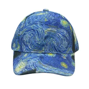 Detail of printed baseball cap featuring Van Gogh's Starry Night oil painting patterns