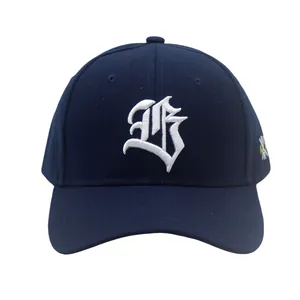 Close-up of white 3D gothic letter B embroidery on navy blue twill cotton baseball cap