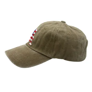 Close-up of vintage washed cotton baseball cap with American flag embroidery detail