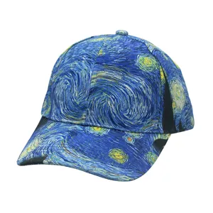Detail of Starry Night oil painting print on a classic 6-panel baseball cap fabric