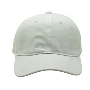 Detailed close-up of a white six-panel cotton baseball cap with reinforced stitching lines