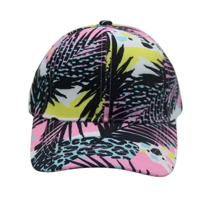 Detail of baseball cap with tropical palm leaf and leopard print on breathable canvas