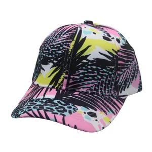 Detailed view of colorful tropical palm and leopard print on a breathable baseball cap