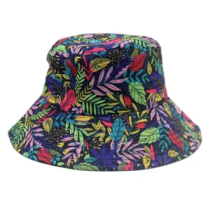 Reversible wide brim sun hat with vibrant tropical leaf patterns for women's outdoor wear
