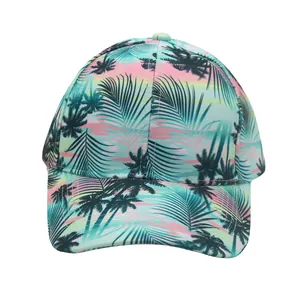 Detail of tropical palm tree print baseball cap with pink and yellow gradient design